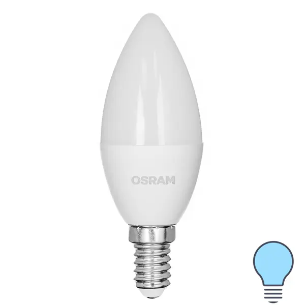 Лампа светодиодная Osram свеча 7Вт 600Лм E14 холодный белый свет свеча в подсвечнике из гипса с узкими гранями 7х8см голубой