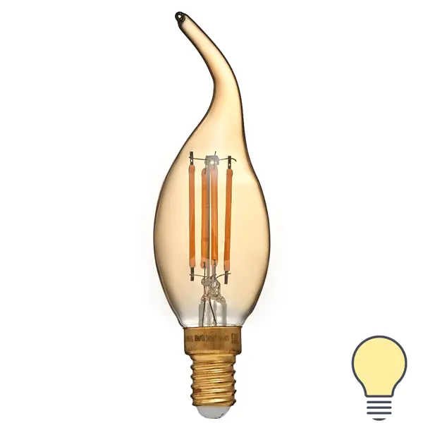 Лампа светодиодная филаментная Volpe E14 210 В 5 Вт свеча на ветру золотая 470 лм, теплый белый свет лампа светодиодная saffit e14 7w 4000k свеча на ветру матовая sbc3707 55055