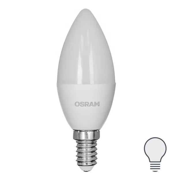 Лампа светодиодная Osram свеча 5Вт 470Лм E14 нейтральный белый свет свеча шар фигурный ø90 мм белый
