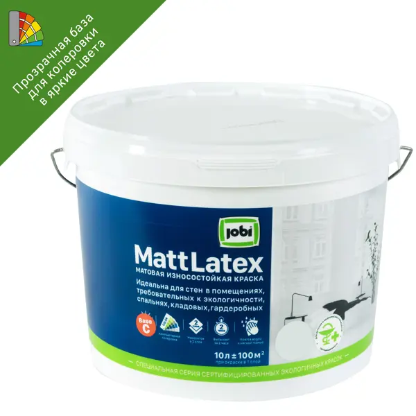 Краска латексная для стен и потолков Jobi Mattlatex матовая прозрачная база C 10 л краска для стен и потолков jobi mattlatex база а 5 л