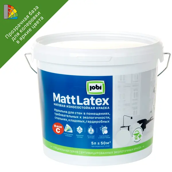 Краска латексная для стен и потолков Jobi Mattlatex матовая прозрачная база C 5 л краска для стен luxens прозрачная база с 1 л