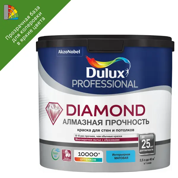 Краска для стен и потолков Dulux Professional Diamond Matt матовая база BC прозрачная 2.25 л краска фасадная dulux prof diamond гладкая белый матовая база bw 2 5 л