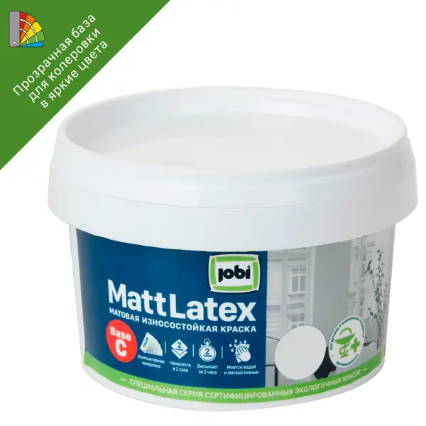 Краска латексная для стен и потолков Jobi Mattlatex матовая прозрачная база C 0.25 л краска для стен и потолков jobi mattlatex база а 5 л