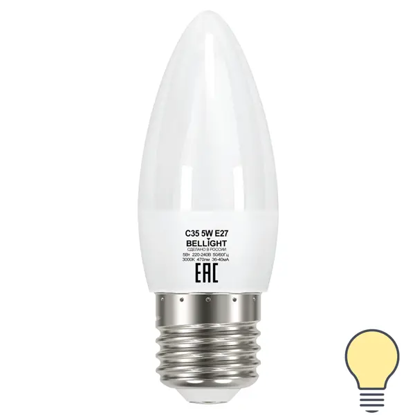 Лампа светодиодная Bellight E27 220-240 В 5 Вт свеча 470 лм теплый белый цвет света