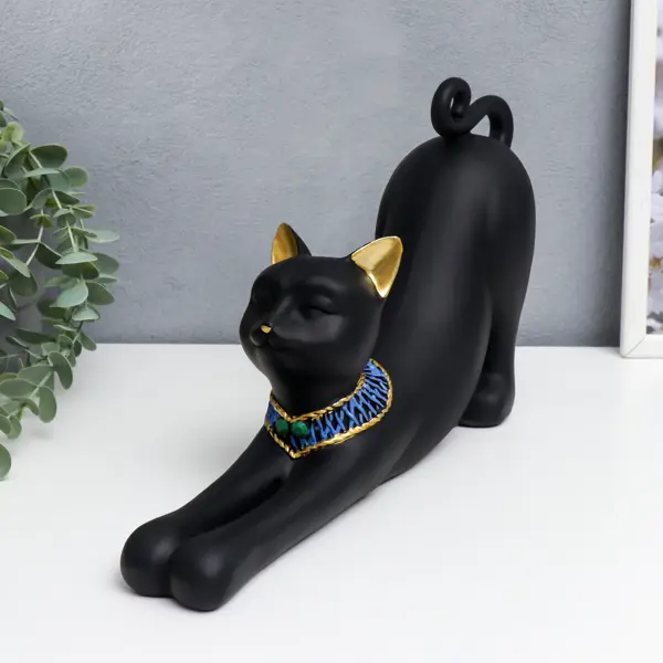 Сувенир интерьерный Чёрная кошка с синим ожерельем потягивается 19х9х34  см по цене 2169 ₽/шт. купить в Липецке в интернет-магазине Леруа Мерлен