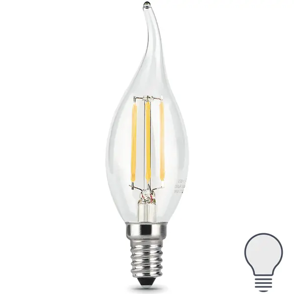 Лампа светодиодная филаментная Gauss E14 5 Вт свеча на ветру прозрачная 450 лм, теплый белый свет лампа светодиодная gauss filament е14 5 вт свеча на ветру нейтральный белый свет для диммера