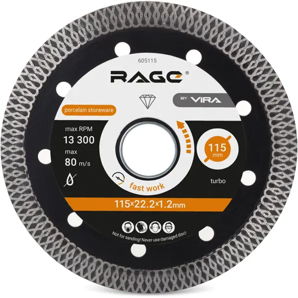 Диск алмазный по керамике Rage турбо 115x22.2x1.2 мм диск алмазный по керамике rage x type pro max 125x20x8 мм
