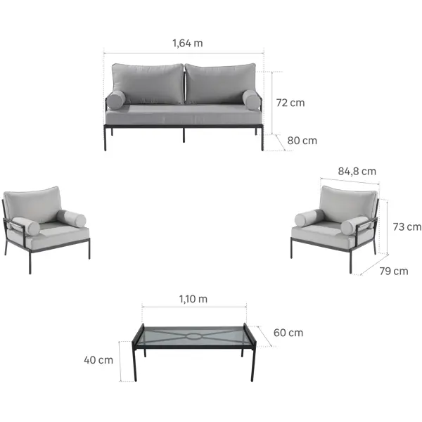 фото Набор садовой мебели naterial onyx алюминий/полиэстер/стекло серый: стол, диван и 2 кресла
