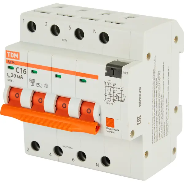 Дифференциальный автомат Tdm Electric АД-14 4P C16 A 30 мА 4.5 кА AC SQ0204-0130