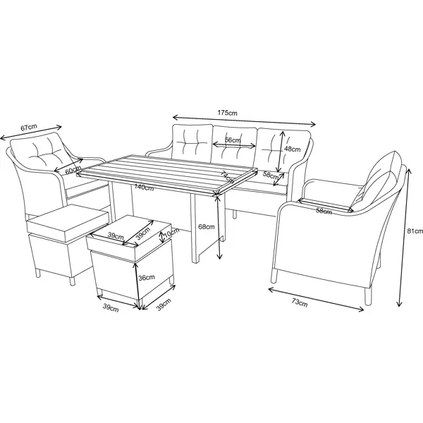 фото Набор садовой мебели для обеда cezar kj-z2115b искусственный ротанг бежевый: диван, стол, 2 пуфа, 2 кресла с подушками без бренда
