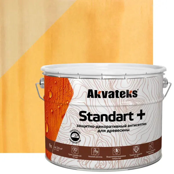 Антисептик защитно-декоративный Akvateks Standart полуматовый сосна 9 л трудновымываемый антисептик для древесины akvateks био 10 кг