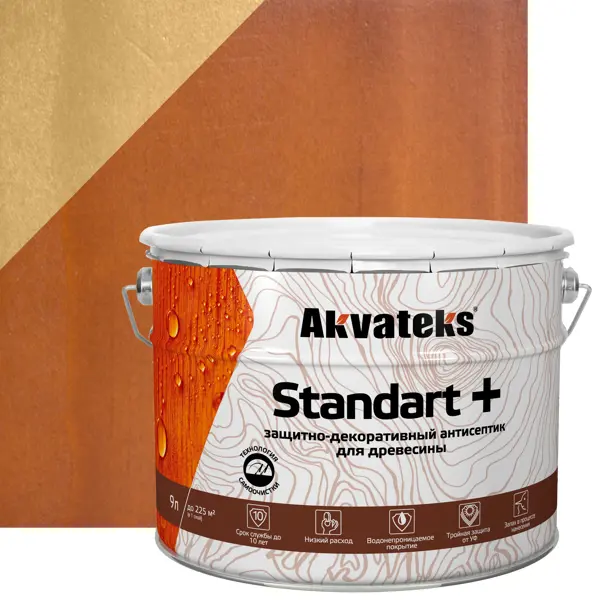 Антисептик защитно-декоративный Akvateks Standart полуматовый тик 9 л трудновымываемый антисептик для древесины akvateks био 10 кг