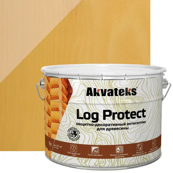 Антисептик защитно-декоративный Akvateks LOG Protect полуматовый сосна 9 л антисептик защитно декоративный лессирующий bioteks 2 в 1 сосна 9 л