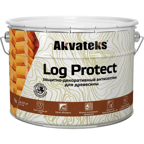 фото Антисептик akvateks log protect полуматовый прозрачный 9 л акватекс