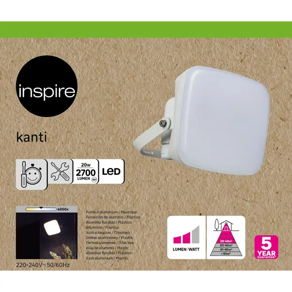 фото Прожектор светодиодный уличный inspire «kanti» 20 вт 4000к ip65 белый свет