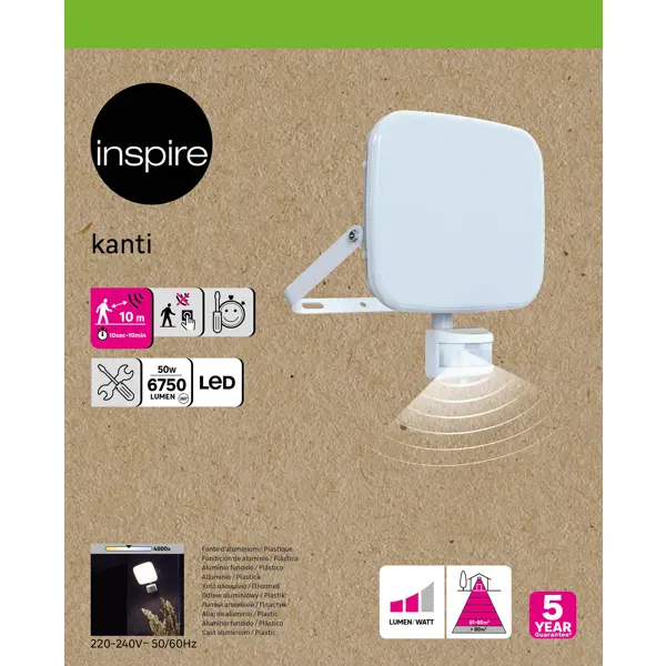 фото Прожектор светодиодный уличный inspire «kanti» 50 вт 4000к ip44 с датчиком движения белый свет