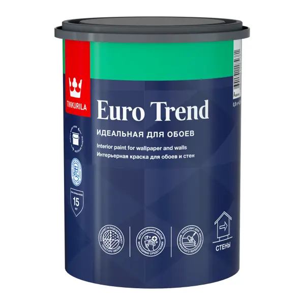 фото Краска интерьерная моющаяся для обоев и стен tikkurila euro trend база a белая матовая 0.9 л