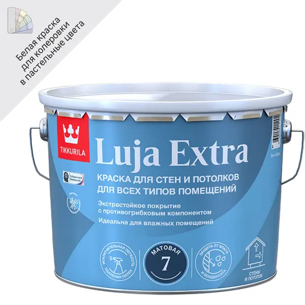 Краска для стен и потолков экстра-стойкая Tikkurila Luja Extra моющаяся матовая цвет белый база А 9 л тушь объемная стойкая легкосмываемая