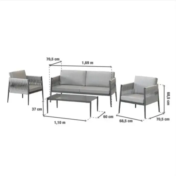 фото Набор садовой мебели naterial henio алюминий/полиэстер/стекло серый: стол, диван и 2 кресла