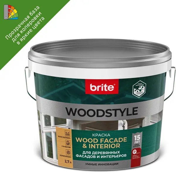 Краска для деревянных фасадов Brite Woodstyle Prof моющаяся матовая цвет прозрачный база С 2.7 л фасадная всесезонная краска brite