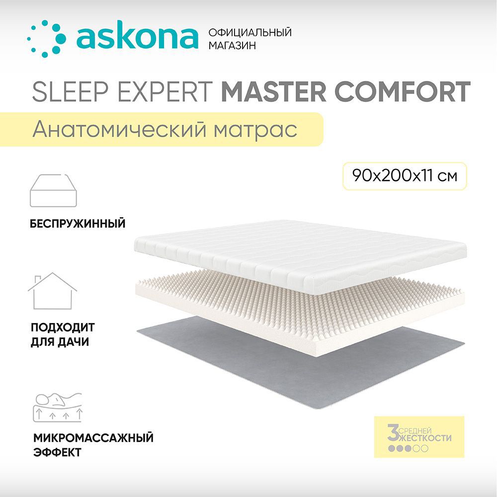 Матрас Askona Sleep Expert Master Comfort 90x200 см беспружинный,  односпальный, ортопедический ✳️ купить по цене 6536 ₽/шт. в Москве с  доставкой в интернет-магазине Леруа Мерлен