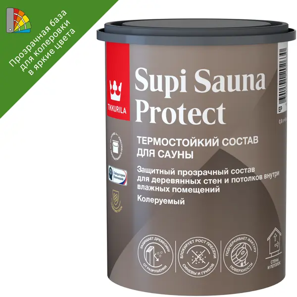 Защитный состав для стен в сауне Tikkurila Supi Sauna Protect База EP бесцветный полуматовый 0.9 л лак для полов стен потолков в банях акрилатный akvateks sauna прозрачный полуматовый 0 9 л