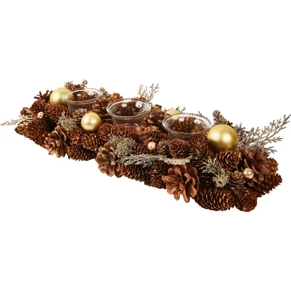 Новогодняя фигурка Подсвечник с шишками декоративное украшение из сосновых шишек 120x6x3 см