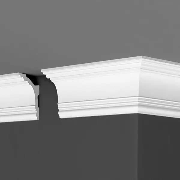 фото Плинтус потолочный полистирол для натяжного потолка под светодиодную ленту де-багет дп 43/110 белый 62x91x2000 мм