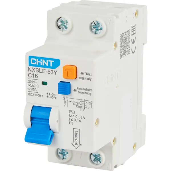 Дифференциальный автомат Chint NXBLE-63Y 1P N C16 A 30 мА 4.5 кА AC