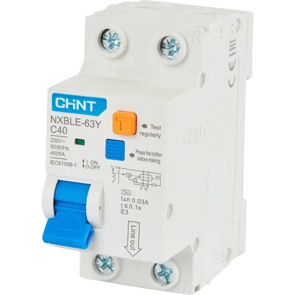 Дифференциальный автомат Chint NXBLE-63Y 1P N C40 A 30 мА 4.5 кА AC держатель плавкой вставки chint