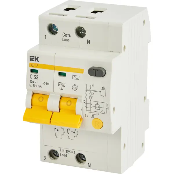 Дифференциальный автомат IEK АД12 2P C63 А 100 мА 4.5 кА AC MAD10-2-063-C-100