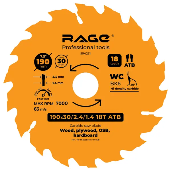 Диск пильный по дереву Rage 18Т 190x30x2.4 мм, кольца 20/16 диск пильный по дереву rage by vira 3т 115x22 2x4 мм