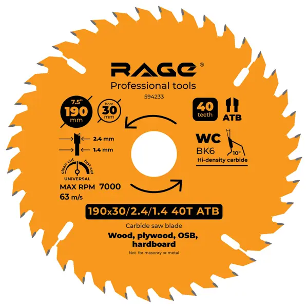 Диск пильный по дереву Rage 40Т 190x30x2.4 мм, кольца 20/16 диск пильный по дереву rage 48т 250x30x2 7 мм кольца 25 4 20 16