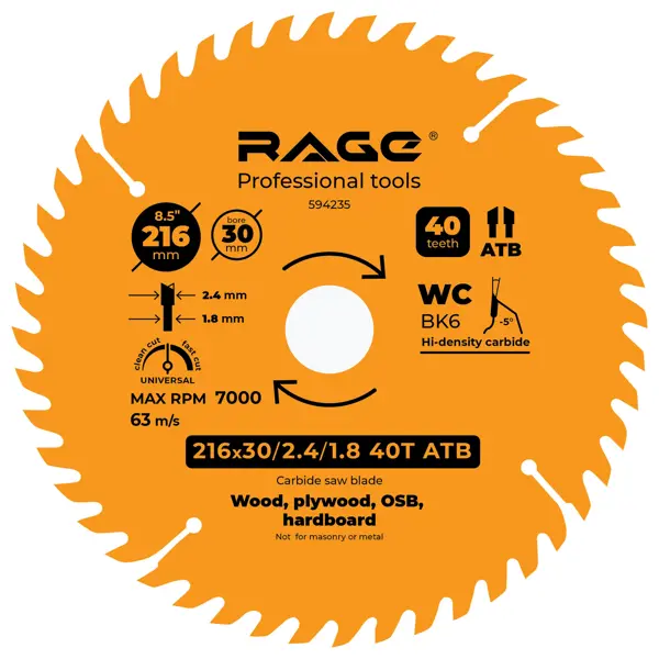 Диск пильный по дереву Rage 40Т 216x30x2.4 мм, кольца 25.4/20/16 диск пильный по дереву rage by vira 3т 115x22 2x4 мм