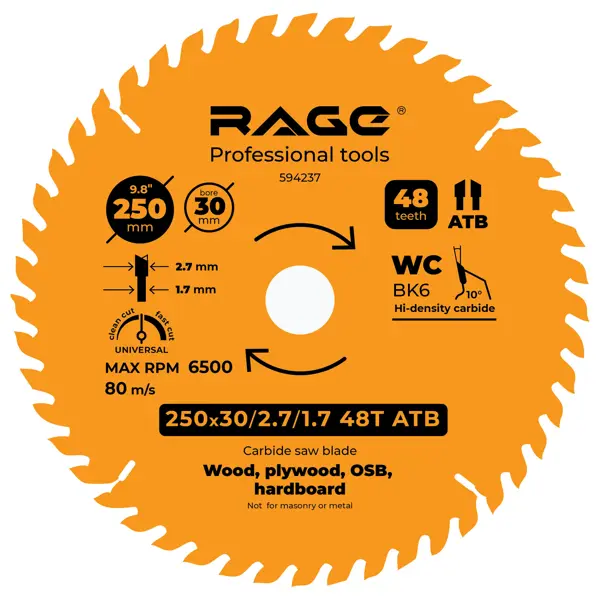 Диск пильный по дереву Rage 48Т 250x30x2.7 мм, кольца 25.4/20/16 диск пильный по дереву rage furious 42т 250x30x2 4 мм кольца 25 4 20 16