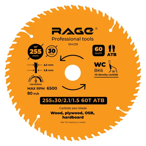Диск пильный по дереву Rage 60Т 255x30x2.1 мм, кольца 25.4/20/16 диск пильный по дереву rage by vira 3т 115x22 2x4 мм