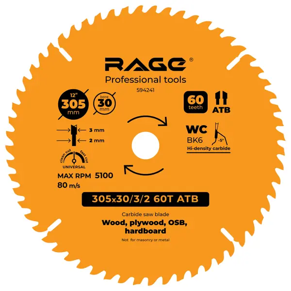Диск пильный по дереву Rage 60Т 305x30x3 мм диск пильный по фиброцементу rage df165 165x20x1 8 мм