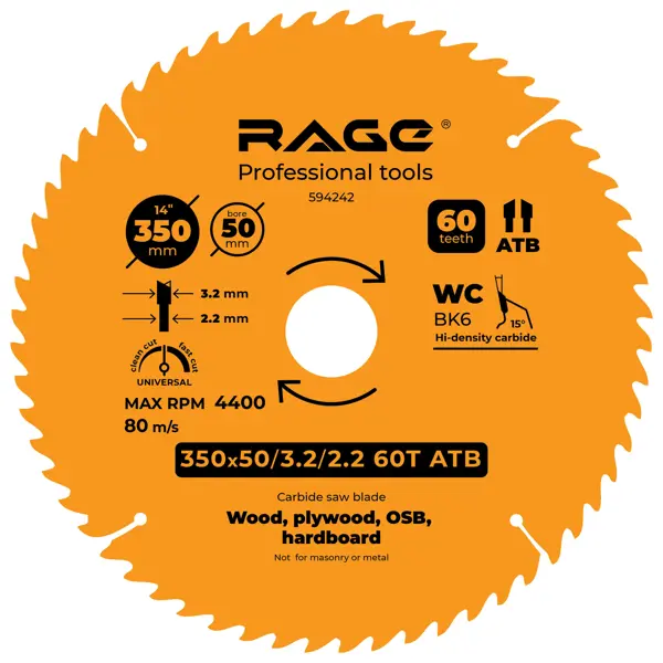 Диск пильный по дереву Rage 60Т 350x50x3.2 мм, кольцо 30 диск пильный по дереву rage 48т 250x30x2 7 мм кольца 25 4 20 16