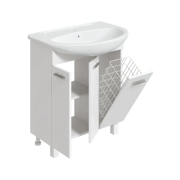фото Тумба для ванной с корзиной для белья мини под раковину стиль настенная 75 см цвет белый без бренда