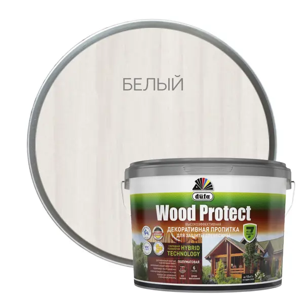 фото Пропитка для древесины dufa wood protect полуматовая белая 9 л