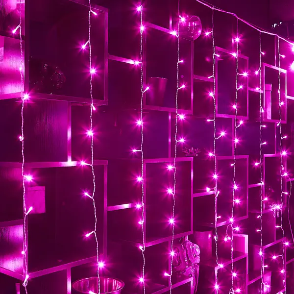 фото Гирлянда светодиодная занавес uniel электрическая 3x2 м розовый свет 8 режимов 160 ламп цвет прозрачный