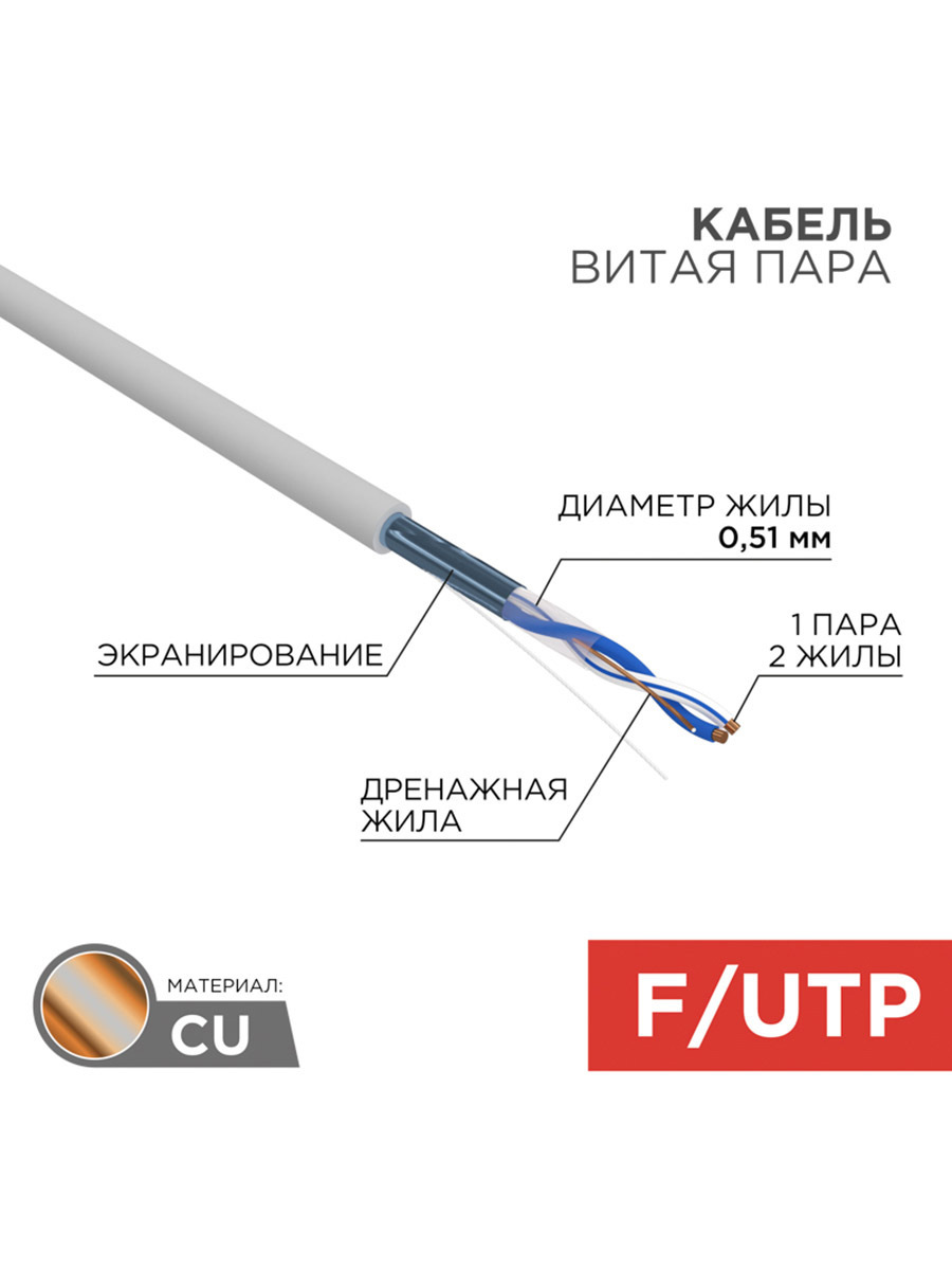 Кабель витая пара Rexant F/UTP CAT 5e PVC 1PR 24AWG indoor solid серый 305  м ✳️ купить по цене 9096 ₽/шт. в Ставрополе с доставкой в интернет-магазине  Леруа Мерлен