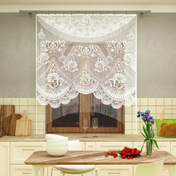 фото Занавеска для кухни «магия» без шторной ленты 170х220 см цвет белый без бренда