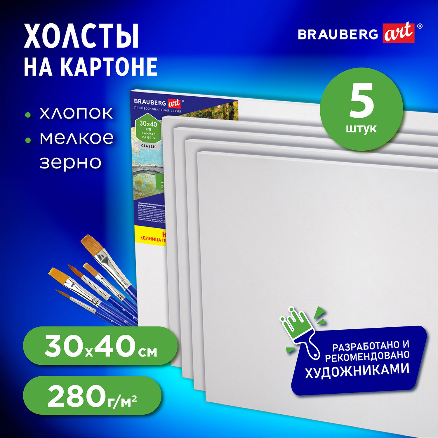 Холст на картоне Brauberg Art Classic 192505, набор 5 штук 30x40 см, 280 г  м2, грунт, 100% хлопок по цене 733 ₽/шт. купить в Оренбурге в  интернет-магазине Леруа Мерлен