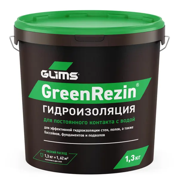 Гидроизоляция эластичная Glims GreenRezin 1.3 кг гидроизоляция эластичная glims greyresin для наружных работ 4 кг