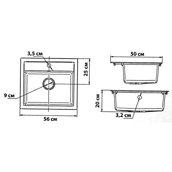 фото Мойка врезная urbatec квадратная 56x50 см глубина 20 см композитный материал цвет чёрный
