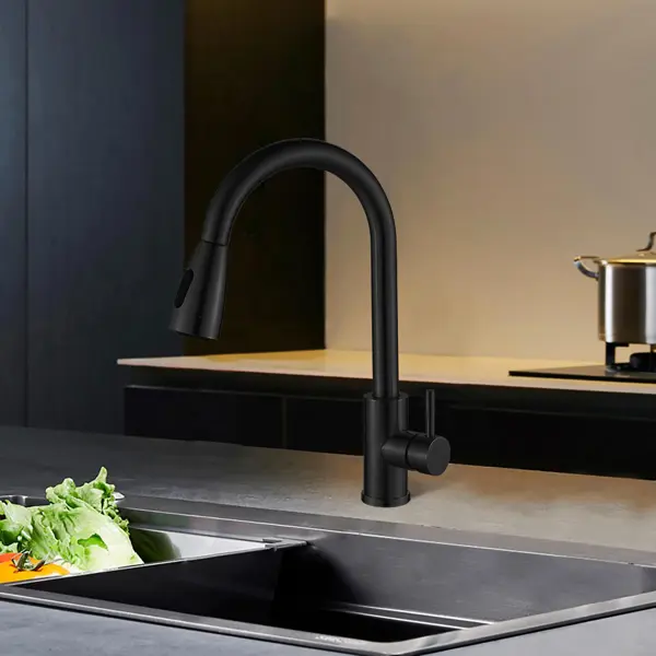 Смеситель кухонный Vidage VAL1817 высота 41 см с выдвижным изливом цвет черный смеситель для