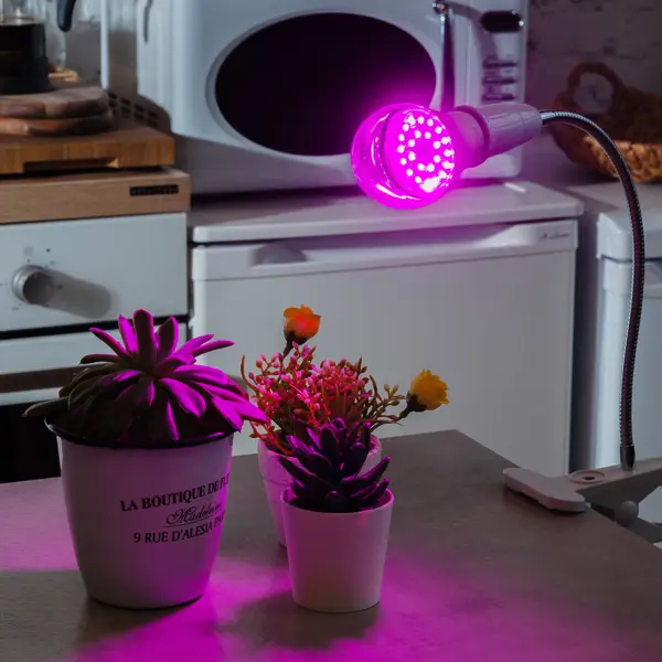 фото Фитолампа светодиодная для растений uniel e27 9 вт 250 лм красно-синий спектр розовый свет