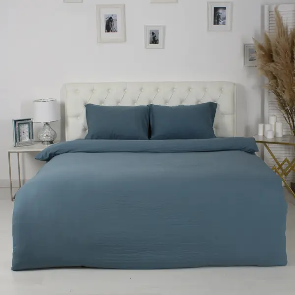 Комплект постельного белья полутораспальный полисатин сине-зеленый пододеяльник 145х210 см серый belashoff