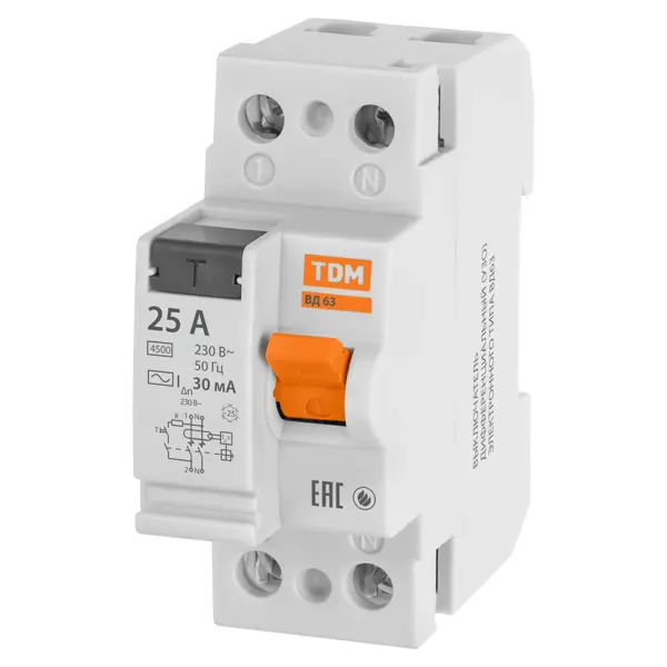 УЗО TDM Electric ВД-63 2Р 25 А 30 мА 4.5 кА AC устройство защитного отключения tdm electric вд1 63 2 полюса 16 а 10 ма sq0203 0002